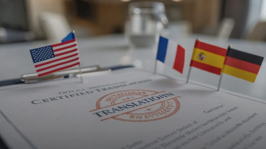 Certified translation document with official stamp and international flags representing multilingual translation for immigration documents