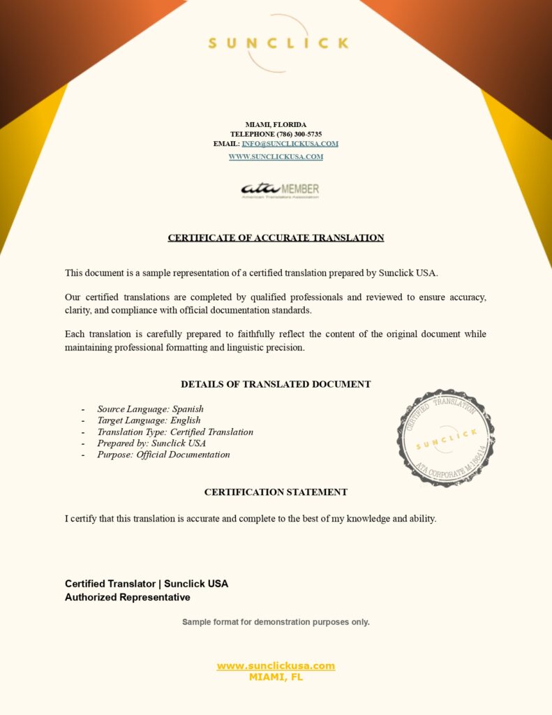 Ejemplo de certificado de traducción certificada preparado por Sunclick USA con formato profesional para documentos oficiales.